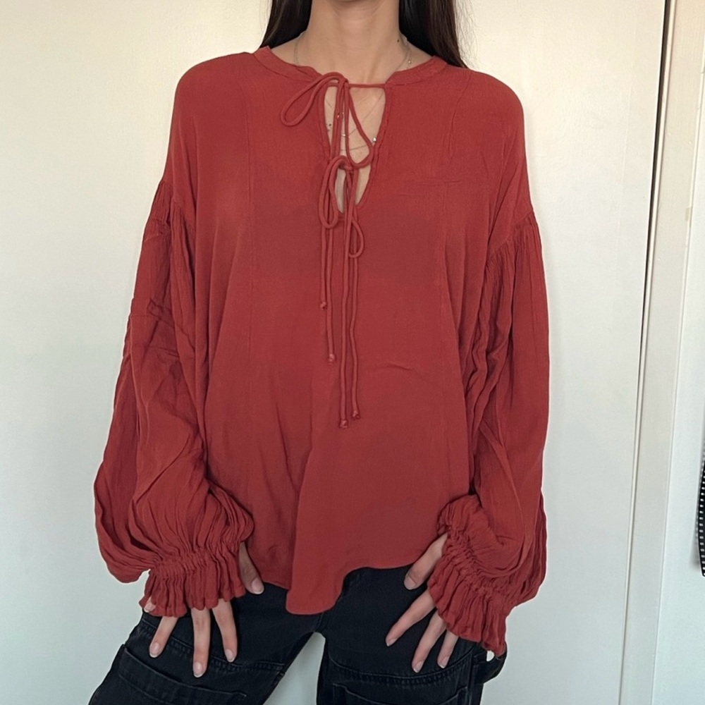 Free People Red Puff Sleeve Blouse with Tie Front
